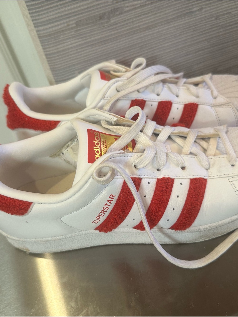 adidas Kids Superstar Sneakers in White and Red Suede